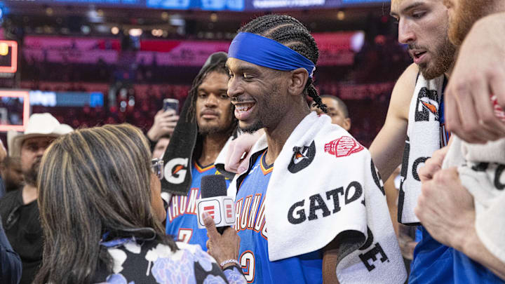 May 18, 2025; Oklahoma City, Oklahoma, USA; Oklahoma City Thunder guard Shai Gilgeous-Alexander (2) talks to a tv reporter following his teams win against the Denver Nuggets in game seven of the second round for the 2025 NBA Playoffs at Paycom Center. Mandatory Credit: Alonzo Adams-Imagn Images