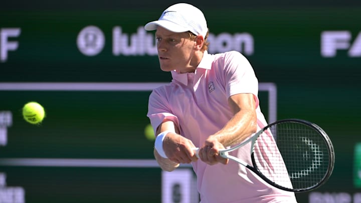 Mar 12, 2026; Indian Wells, CA, USA;  Jannik Skinner (ITA) in his quarterfinal match where he defeated Leaner Tien (USA) during the BNP Paribas Open at the Indian Wells Tennis Garden. Mandatory Credit: Jayne Kamin-Oncea-Imagn Images