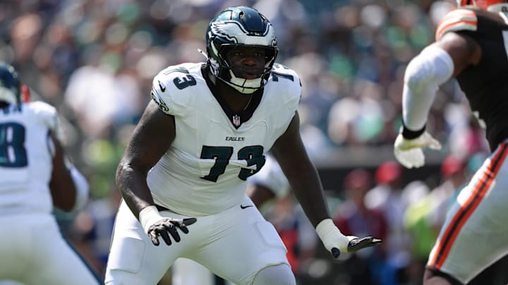 Philadelphia Eagles offensive lineman Cameron Williams (73) blocks against the Cleveland Browns in the second half at Lincoln Financial Field. Mandatory Credit: Kyle Ross-Imagn Images