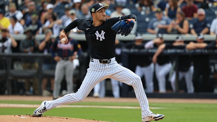 Feb 26, 2026; Tampa, Florida, USA; New York Yankees starting pitcher Elmer Rodriguez (76) throws a pitch against the Atlanta Braves during the first inning at George M. Steinbrenner Field. Mandatory Credit: Kim Klement Neitzel-Imagn Images