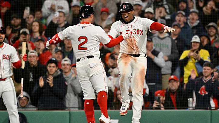 Apr 6, 2025; Boston, Massachusetts, USA; Boston Red Sox third baseman Alex Bregman (2) celebrates a three run home run against the St. Louis Cardinals with designated hitter Rafael Devers (11) during the third inning at Fenway Park. Mandatory Credit: Eric Canha-Imagn Images Apr 6, 2025; Boston, Massachusetts, USA; Boston Red Sox third baseman Alex Bregman (2) celebrates a three run home run against the St. Louis Cardinals with designated hitter Rafael Devers (11) during the third inning at Fenway Park. Mandatory Credit: Eric Canha-Imagn Images