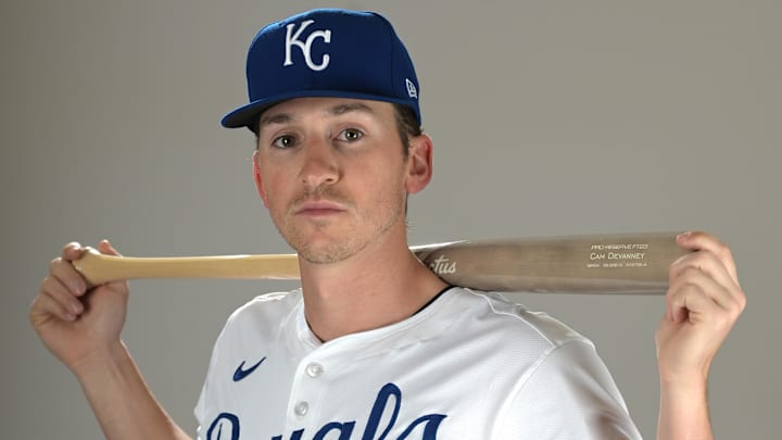 Feb 19, 2025; Surprise, AZ, USA; Kansas City Royals Cam Devanney (99) poses for a photo during media day. Mandatory Credit: Jayne Kamin-Oncea-Imagn Images  