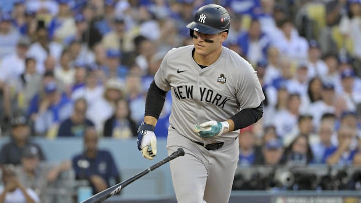 Oct 26, 2024; Los Angeles, California, USA; New York Yankees first baseman Anthony Rizzo (48) walks in the second inning against the Los Angeles Dodgers during game two of the 2024 MLB World Series at Dodger Stadium. Mandatory Credit: Jayne Kamin-Oncea-Imagn Images