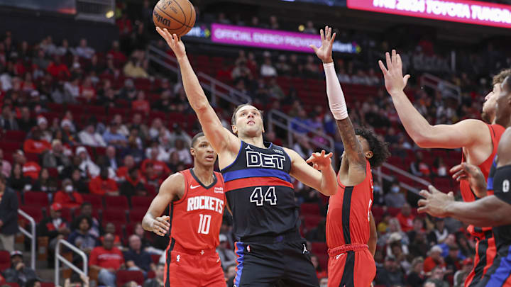 Jan 1, 2024; Houston, Texas, USA; Detroit Pistons forward Bojan Bogdanovic (44) shoots the ball as