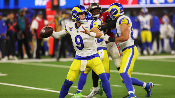 Nov 23, 2025; Inglewood, California, USA; Los Angeles Rams quarterback Matthew Stafford (9) throws a pass against the Tampa Bay Buccaneers during the fourth quarter at SoFi Stadium. Mandatory Credit: Kiyoshi Mio-Imagn Images