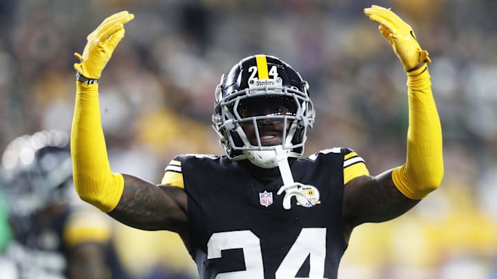 Oct 20, 2024; Pittsburgh, Pennsylvania, USA;  Pittsburgh Steelers cornerback Joey Porter Jr. (24) gestures against the New York Jets during the second quarter at Acrisure Stadium. Mandatory Credit: Charles LeClaire-Imagn Images