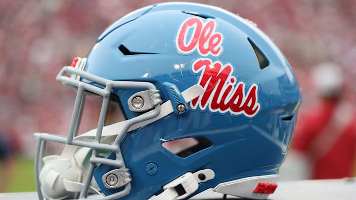 Nov 2, 2024; Fayetteville, Arkansas, USA; Ole Miss Rebels helmet during the game against the Arkansas Razorbacks at Donald W. Reynolds Razorback Stadium. Mississippi won 63-31. Mandatory Credit: Nelson Chenault-Imagn Images Nov 2, 2024; Fayetteville, Arkansas, USA; Ole Miss Rebels helmet during the game against the Arkansas Razorbacks at Donald W. Reynolds Razorback Stadium. Mississippi won 63-31. Mandatory Credit: Nelson Chenault-Imagn Images