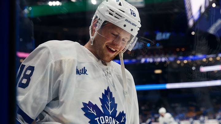 Feb 25, 2026; Tampa, Florida, USA; Toronto Maple Leafs forward Steven Lorentz (18) before the game against the Tampa Bay Lightning at Benchmark International Arena. Mandatory Credit: Morgan Tencza-Imagn Images