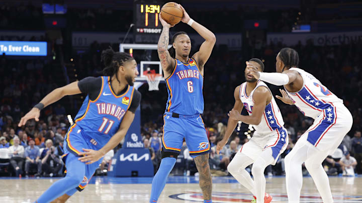 Mar 19, 2025; Oklahoma City, Oklahoma, USA; Oklahoma City Thunder forward Jaylin Williams (6) passes against the Philadelphia 76ers during the second half at Paycom Center. Mandatory Credit: Alonzo Adams-Imagn Images