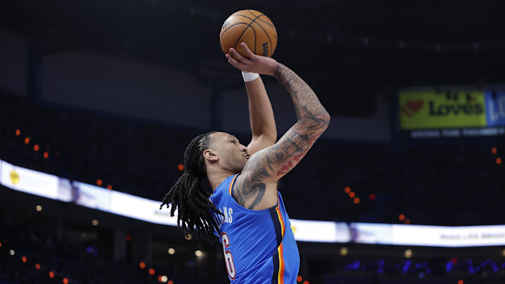 Apr 19, 2026; Oklahoma City, Oklahoma, USA; Oklahoma City Thunder forward Jaylin Williams (6) shoots a three point basket in the second half during game one of the first round of the 2026 NBA Playoffs at Paycom Center.