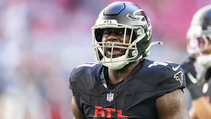 Dec 21, 2025; Glendale, Arizona, USA; Atlanta Falcons linebacker Jalon Walker (11) against the Arizona Cardinals at State Farm Stadium. Mandatory Credit: Mark J. Rebilas-Imagn Images