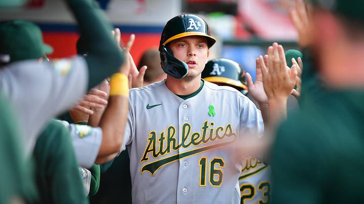 May 20, 2026; Anaheim, California, USA; Athletics first baseman Nick Kurtz (16) is greeted after scoring a run against the Los Angeles Angels during the first inning at Angel Stadium. Mandatory Credit: Gary A. Vasquez-Imagn Images