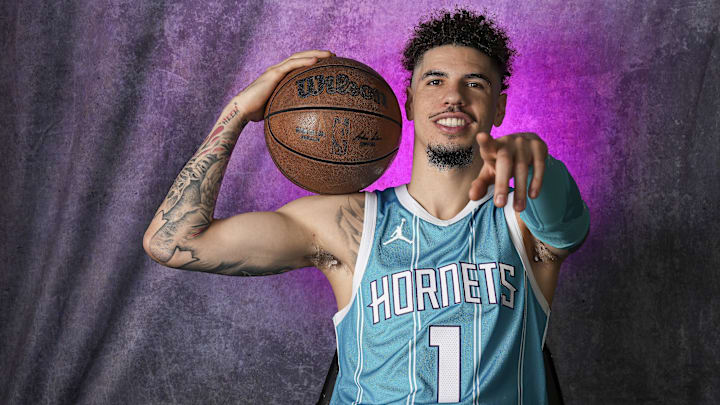 Sep 30, 2024; Charlotte, NC, USA;  Charlotte Hornets guard LaMelo Ball (1) during the Charlotte Hornets Media Day at the Spectrum Center. Mandatory Credit: Jim Dedmon-Imagn Images
