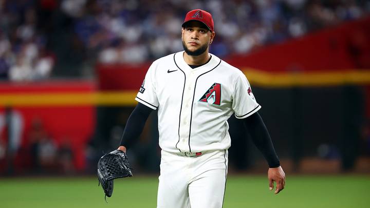 Jun 1, 2026; Phoenix, Arizona, USA; Arizona Diamondbacks pitcher Eduardo Rodriguez against the Los Angeles Dodgers at Chase Field. Mandatory Credit: Mark J. Rebilas-Imagn Images