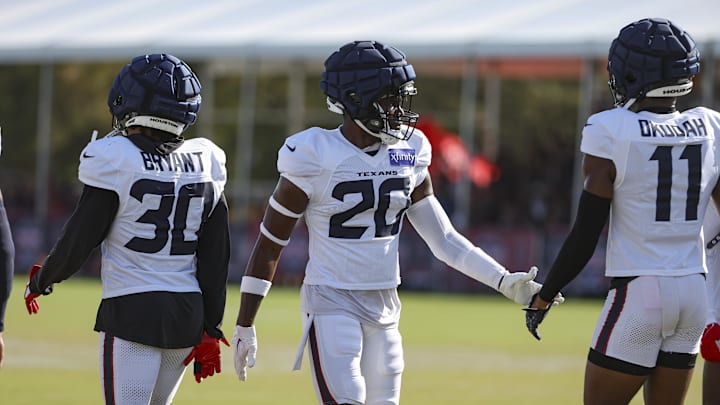 Jul 29, 2024; Houston, TX, USA; Houston Texans safety Jimmie Ward (20) during training camp at Houston Methodist Training Center. Mandatory Credit: Troy Taormina-Imagn Images