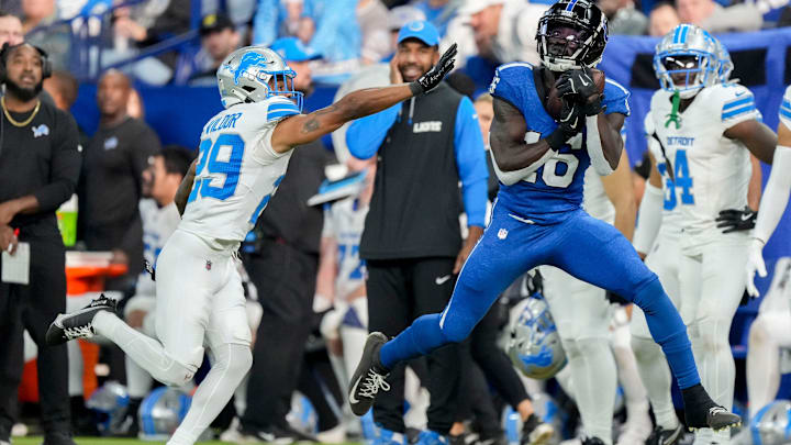 Indianapolis Colts wide receiver Ashton Dulin (16) makes a catch in front of Detroit Lions cornerback Kindle Vildor (29) on Sunday, Nov. 24, 2024, during a game against the Detroit Lions at Lucas Oil Stadium in Indianapolis.