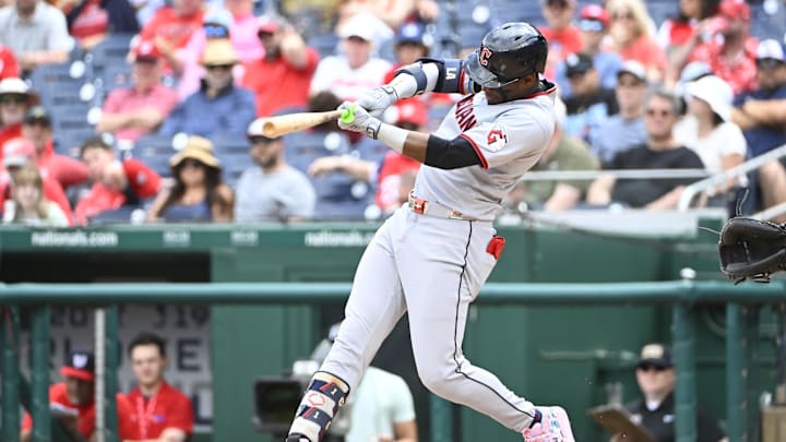 May 7, 2025; Washington, District of Columbia, USA; Cleveland Guardians center fielder Angel Martinez (1) hits a two RBI single against the Washington Nationals during the sixth inning at Nationals Park. Mandatory Credit: Brad Mills-Imagn Images May 7, 2025; Washington, District of Columbia, USA; Cleveland Guardians center fielder Angel Martinez (1) hits a two RBI single against the Washington Nationals during the sixth inning at Nationals Park. Mandatory Credit: Brad Mills-Imagn Images