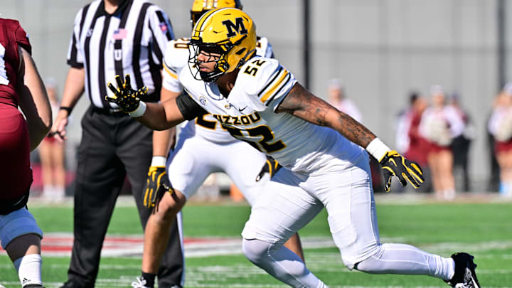 Oct 12, 2024; Amherst, Massachusetts, USA; Missouri Tigers defensive end Jahkai Lang (52)  in action against the Massachusetts Minutemen during the second half at Warren McGuirk Alumni Stadium.