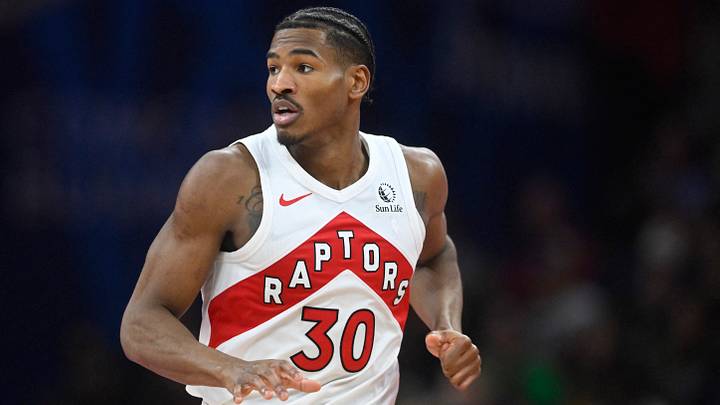 Oct 31, 2025; Cleveland, Ohio, USA; Toronto Raptors guard Ochai Agbaji (30) runs on the court in the third quarter against the Cleveland Cavaliers at Rocket Arena. Mandatory Credit: David Richard-Imagn Images
