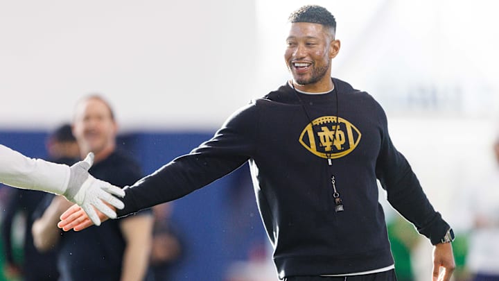 Notre Dame head coach Marcus Freeman greets his players during a Notre Dame football spring practice at Irish Athletic Center on Wednesday, March 19, 2025, in South Bend.