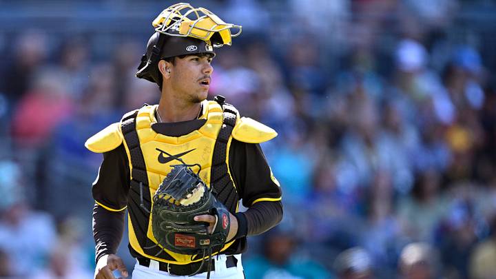 Mar 26, 2024; San Diego, California, USA; San Diego Padres catcher Ethan Salas (88) looks on during the eighth inning Seattle Mariners at Petco Park. Mandatory Credit: Orlando Ramirez-USA TODAY Sports Mar 26, 2024; San Diego, California, USA; San Diego Padres catcher Ethan Salas (88) looks on during the eighth inning Seattle Mariners at Petco Park. Mandatory Credit: Orlando Ramirez-USA TODAY Sports