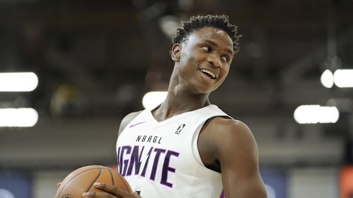Dec 20, 2022; Las Vegas, NV, USA; NBA G League Ignite guard Babacar Sane (4) reacts during the first half against the Motor City Cruise at Mandalay Bay Convention Center.  Mandatory Credit: Lucas Peltier-Imagn Images