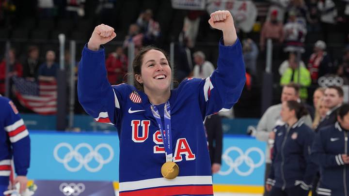 Feb 19, 2026; Milan, Italy; Abbey Murphy (37) of the United States celebrates after winning the gold medal in women's ice hockey after defeating Canada during the Milano Cortina 2026 Olympic Winter Games at Milano Santagiulia Ice Hockey Arena. Mandatory Credit: Amber Searls-Imagn Images