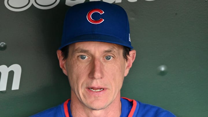 May 27, 2025; Chicago, Illinois, USA; Chicago Cubs manager Craig Counsell is interviewed by reporters prior to a game against the Colorado Rockies at Wrigley Field. Mandatory Credit: Patrick Gorski-Imagn Images