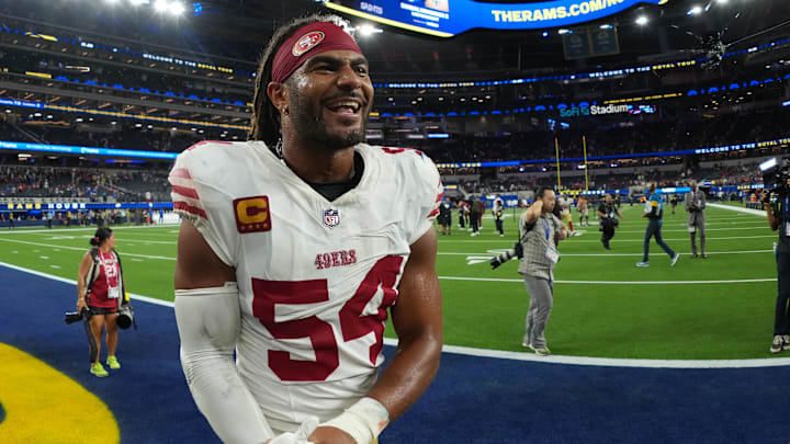 Oct 2, 2025; Inglewood, California, USA; San Francisco 49ers middle linebacker Fred Warner (54) reacts after the game against the Los Angeles Rams at SoFi Stadium. Mandatory Credit: Kirby Lee-Imagn Images Oct 2, 2025; Inglewood, California, USA; San Francisco 49ers middle linebacker Fred Warner (54) reacts after the game against the Los Angeles Rams at SoFi Stadium. Mandatory Credit: Kirby Lee-Imagn Images