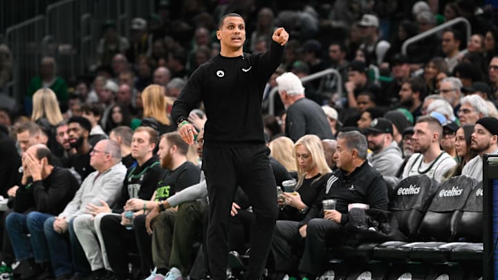 Jan 17, 2025; Boston, Massachusetts, USA; Boston Celtics head coach Joe Mazzulla  directs players during the first half against the Orlando Magic at TD Garden. Mandatory Credit: Eric Canha-Imagn Images