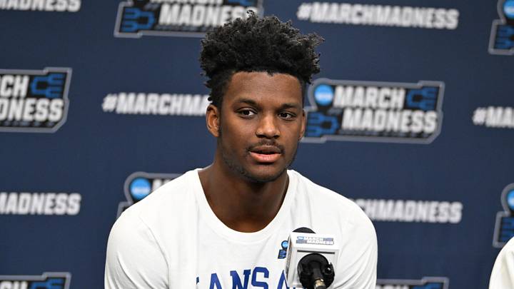 Mar 19, 2025; Providence, RI, USA; Kansas Jayhawks forward KJ Adams Jr. (24) speaks to the media during a press conference at Amica Mutual Pavilion. Mandatory Credit: Eric Canha-Imagn Images Mar 19, 2025; Providence, RI, USA; Kansas Jayhawks forward KJ Adams Jr. (24) speaks to the media during a press conference at Amica Mutual Pavilion. Mandatory Credit: Eric Canha-Imagn Images