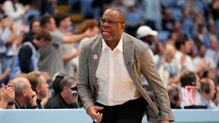 Nov 4, 2024; Chapel Hill, North Carolina, USA;  North Carolina Tar Heels head coach Hubert Davis reacts in the first half at Dean E. Smith Center. Mandatory Credit: Bob Donnan-Imagn Images
