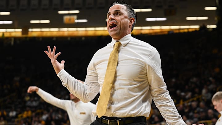 Jan 20, 2026; Iowa City, Iowa, USA; Iowa Hawkeyes head coach Ben McCollum reacts during the first half against the Rutgers Scarlet Knights at Carver-Hawkeye Arena. Mandatory Credit: Jeffrey Becker-Imagn Images Jan 20, 2026; Iowa City, Iowa, USA; Iowa Hawkeyes head coach Ben McCollum reacts during the first half against the Rutgers Scarlet Knights at Carver-Hawkeye Arena. Mandatory Credit: Jeffrey Becker-Imagn Images