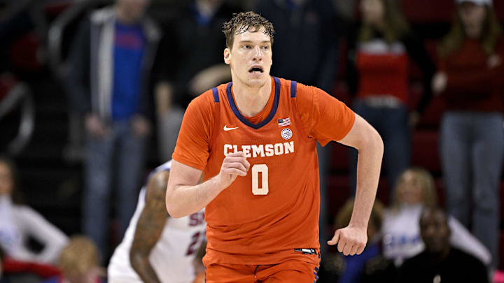 Feb 22, 2025; Dallas, Texas, USA; Clemson Tigers center Viktor Lakhin (0) in action during the game between the SMU Mustangs and the Clemson Tigers at Moody Coliseum. Mandatory Credit: Jerome Miron-Imagn Images