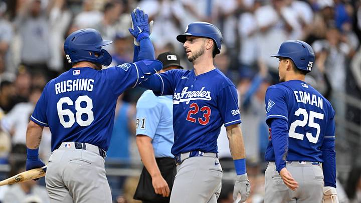 Jun 27, 2026; San Diego, California, USA; Los Angeles Dodgers right fielder Kyle Tucker (23) is congratulated by catcher Dalton Rushing (68) and second baseman Tommy Edman (25) after hitting a two-run home run during the sixth inning against the San Diego Padres at Petco Park. Mandatory Credit: Denis Poroy-Imagn Images Jun 27, 2026; San Diego, California, USA; Los Angeles Dodgers right fielder Kyle Tucker (23) is congratulated by catcher Dalton Rushing (68) and second baseman Tommy Edman (25) after hitting a two-run home run during the sixth inning against the San Diego Padres at Petco Park. Mandatory Credit: Denis Poroy-Imagn Images