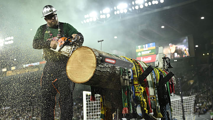 May 15, 2024; Portland, Oregon, USA; Timber Joey celebrates a play in the second half against the San Jose Earthquakes at Providence Park. Mandatory Credit: Troy Wayrynen-USA TODAY Sports