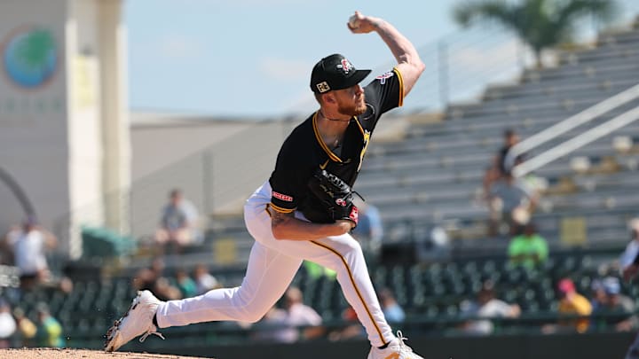 Feb 26, 2025; Bradenton, Florida, USA; Pittsburgh Pirates starting pitcher Bailey Falter (6) throws a pitch against the Baltimore Orioles during the first inning at LECOM Park. Mandatory Credit: Kim Klement Neitzel-Imagn Images