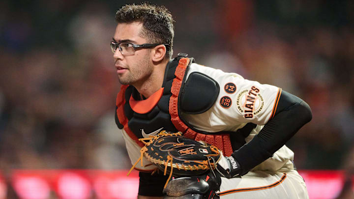 Sep 11, 2023; San Francisco, California, USA; San Francisco Giants catcher Blake Sabol (2) during the eighth inning against the Cleveland Guardians at Oracle Park. Mandatory Credit: Robert Edwards-Imagn Images