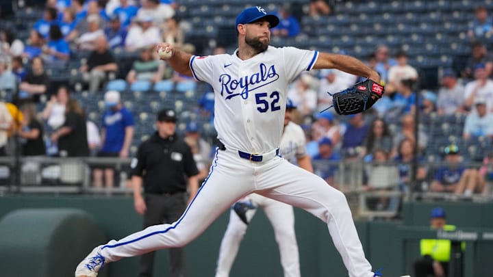 May 4, 2026; Kansas City, Missouri, USA; Kansas City Royals starting pitcher Michael Wacha (52) delivers a pitch against the Cleveland Guardians during the first inning at Kauffman Stadium. Mandatory Credit: Denny Medley-Imagn Images