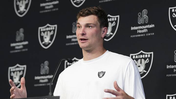 May 2, 2026; Henderson, NV, USA;  Las Vegas Raiders quarterback Fernando Mendoza (15) speaks during a news conference at the team’s Rookie Minicamp at Intermountain Health Performance Center. Mandatory Credit: Candice Ward-Imagn Images