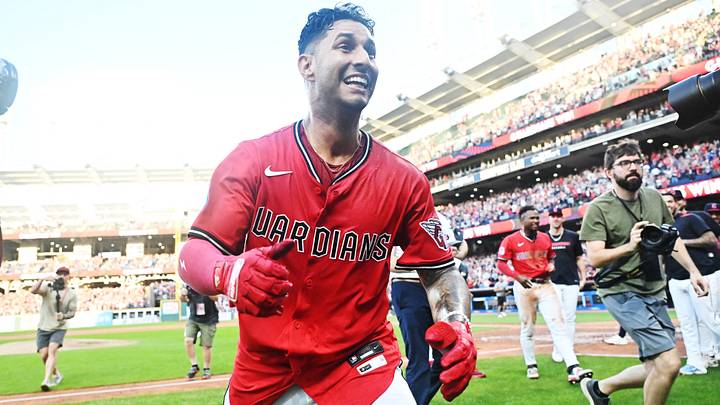 Sep 28, 2025: Cleveland Guardians shortstop Brayan Rocchio (4) celebrates after hitting a three run home run to win the game in the tenth inning against the Texas Rangers at Progressive Field. Credit: Ken Blaze-Imagn Images