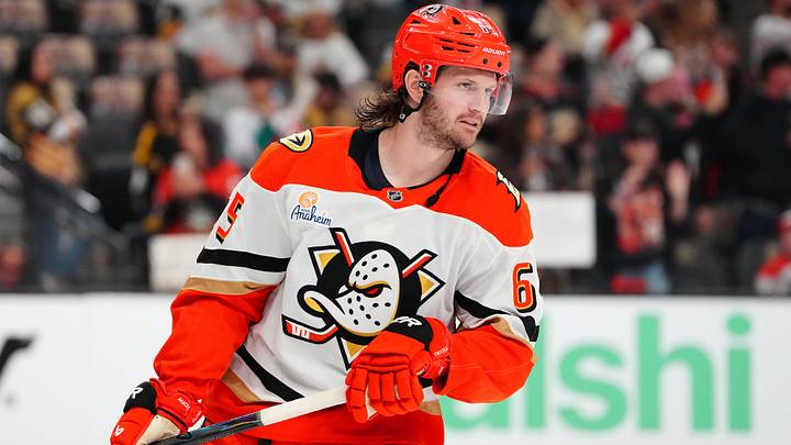 May 6, 2026; Las Vegas, Nevada, USA; Anaheim Ducks defenseman Jacob Trouba (65) warms up before the start of game two against the Vegas Golden Knights in the second round of the 2026 Stanley Cup Playoffs at T-Mobile Arena. Mandatory Credit: Stephen R. Sylvanie-Imagn Images