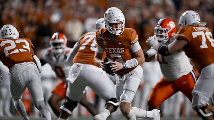 Dec 21, 2024; Austin, Texas, USA; Texas Longhorns quarterback Quinn Ewers (3) in action during the game between the Texas Longhorns and the Clemson Tigers in the CFP National Playoff First Round at Darrell K Royal-Texas Memorial Stadium. Mandatory Credit: Jerome Miron-Imagn Images