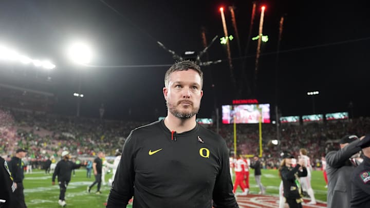 Jan 1, 2025; Pasadena, CA, USA; Oregon Ducks head coach Dan Lanning reacts after the loss against the Ohio State Buckeyes in the 2025 Rose Bowl college football quarterfinal game at Rose Bowl Stadium. Mandatory Credit: Kirby Lee-Imagn Images