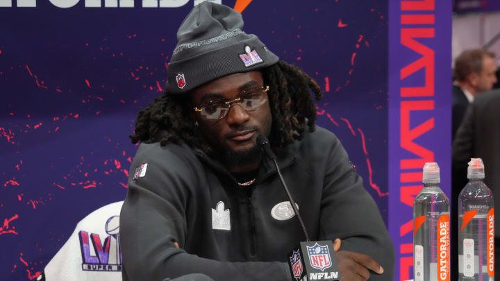 Feb 5, 2024; Las Vegas, NV, USA; San Francisco 49ers wide receiver Brandon Aiyuk (11) during Super Bowl LVIII Opening Night at Allegiant Stadium. Mandatory Credit: Kirby Lee-USA TODAY Sports