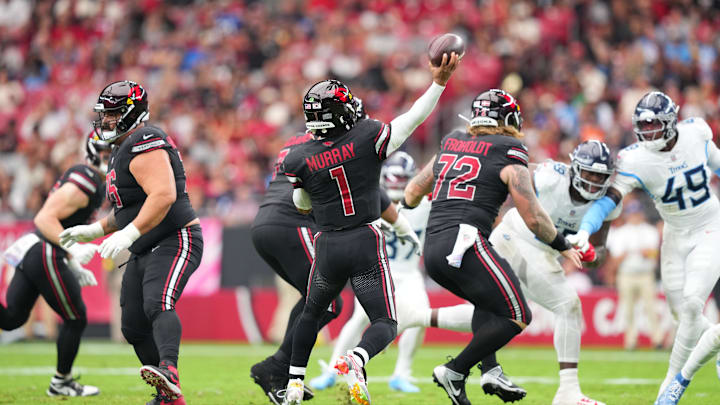 Oct 5, 2025; Glendale, Arizona, USA; Arizona Cardinals quarterback Kyler Murray (1) makes a throw against the Tennessee Titans during the first quarter at State Farm Stadium. Mandatory Credit: Joe Camporeale-Imagn Images Oct 5, 2025; Glendale, Arizona, USA; Arizona Cardinals quarterback Kyler Murray (1) makes a throw against the Tennessee Titans during the first quarter at State Farm Stadium. Mandatory Credit: Joe Camporeale-Imagn Images