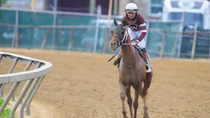 May 20, 2023; Baltimore, Maryland, USA; Red Route One with Joel Rosario up (5) after the Preakness Stakes at Pimlico Race Course. 