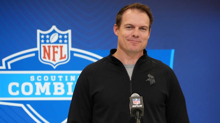 Feb 25, 2025; Indianapolis, IN, USA; Minnesota Vikings coach Kevin O'Connell speaks during the NFL Scouting Combine at the Indiana Convention Center. Feb 25, 2025; Indianapolis, IN, USA; Minnesota Vikings coach Kevin O'Connell speaks during the NFL Scouting Combine at the Indiana Convention Center.