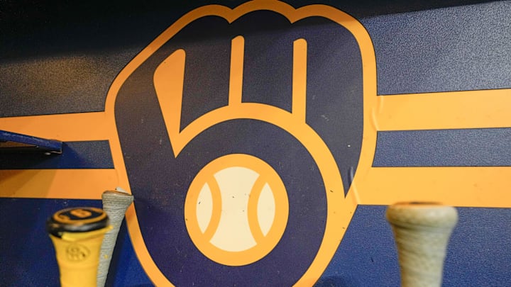 Apr 18, 2025; Milwaukee, Wisconsin, USA;  General view of the Milwaukee Brewers logo in the dugout during batting practice prior to the game against the Athletics at American Family Field. Mandatory Credit: Jeff Hanisch-Imagn Images