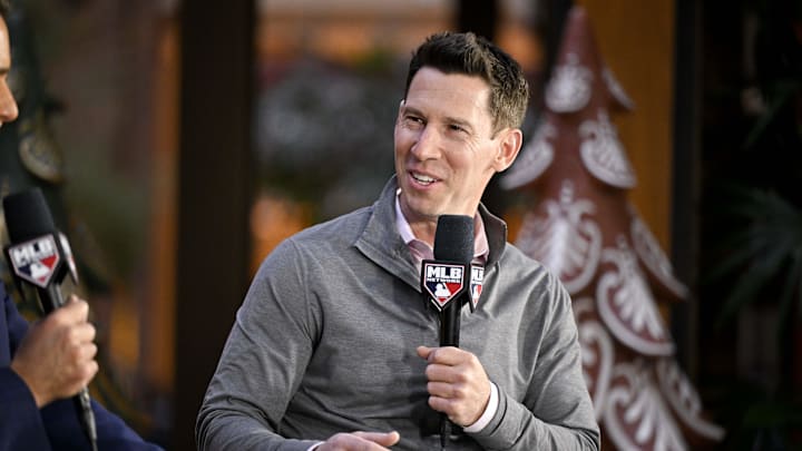 Dec 9, 2024; Dallas, TX, USA; Boston Red Sox chief baseball officer Craig Breslow speaks with the media 
at the Hilton Anatole during the 2024 MLB Winter Meetings. Mandatory Credit: Jerome Miron-Imagn Images
